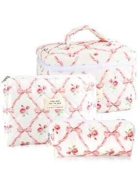 3Pcs Quilted Makeup Bag Set Pink Bow Cosmetic Pouch Coquette Travel Organizer